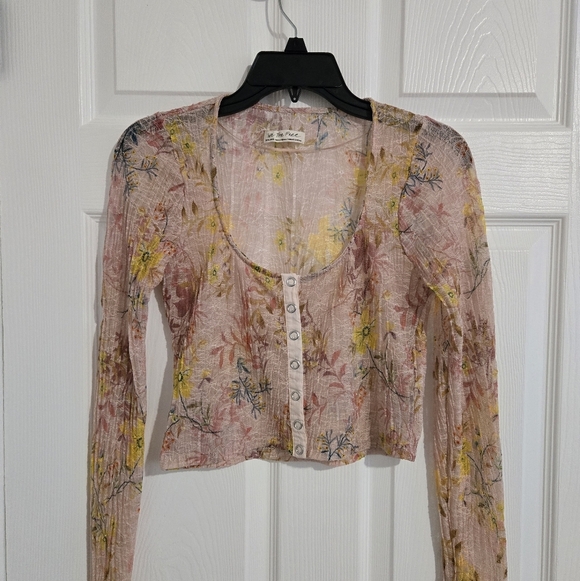Free People Angelina Cropped Blouse Shirt Women's XS Floral Pleated Scoop Neck - Picture 2 of 12